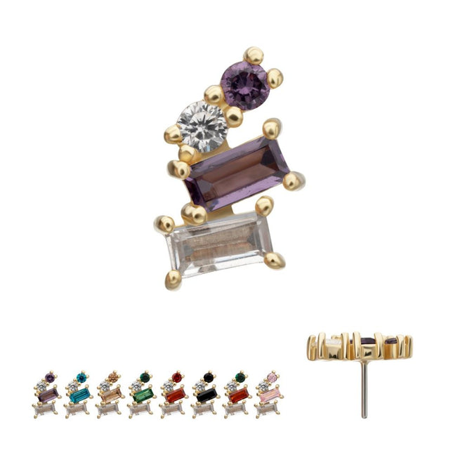 Invictus 14Kt Yellow Gold Threadless 4-Staggered Baguette Cluster Prong Set Multi-Gem Top