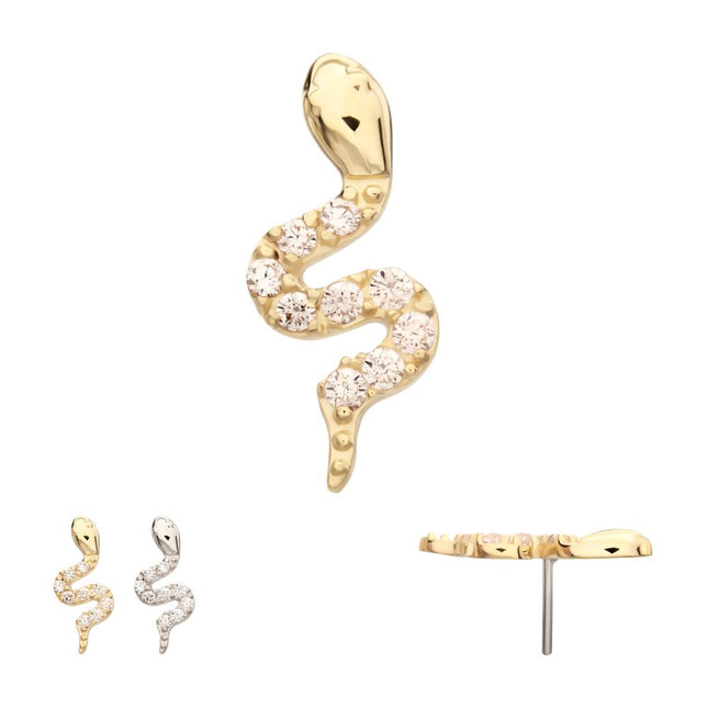 Invictus 14Kt Gold Threadless Sculptural S-shaped Snake Top with 9 Pave Set Gem