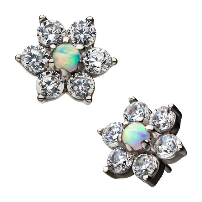 Invictus 14kt White Gold Threadless 6-Clear CZs and White Synthetic Opal Top