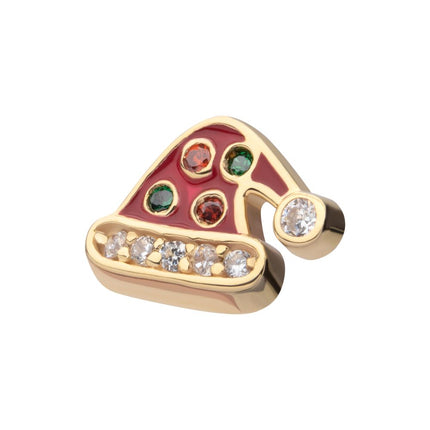 Invictus 14Kt Yellow Gold Threadless Clear/Garnet/Green Gem with Red Enamel Santa Hat Top