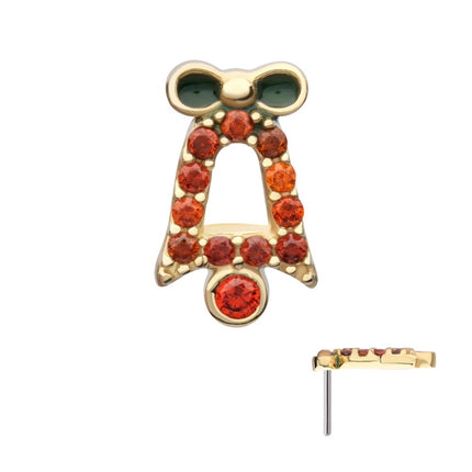 Invictus 14Kt Yellow Gold Threadless Garnet Gem with Green Enamel Christmas Bell Top