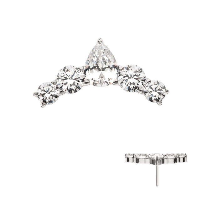 Invictus 14Kt White Gold Threadless Curved Bar Top with Round & Teadrop Gem Cluster