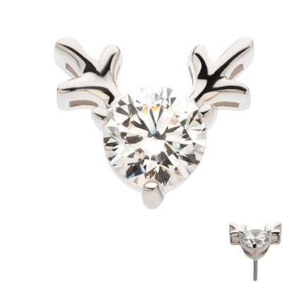 Invictus 14Kt White Gold Threadless Prong Set 3mm Clear CZ Reindeer Top