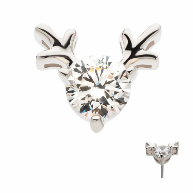 Invictus 14Kt White Gold Threadless Prong Set 3mm Clear CZ Reindeer Top