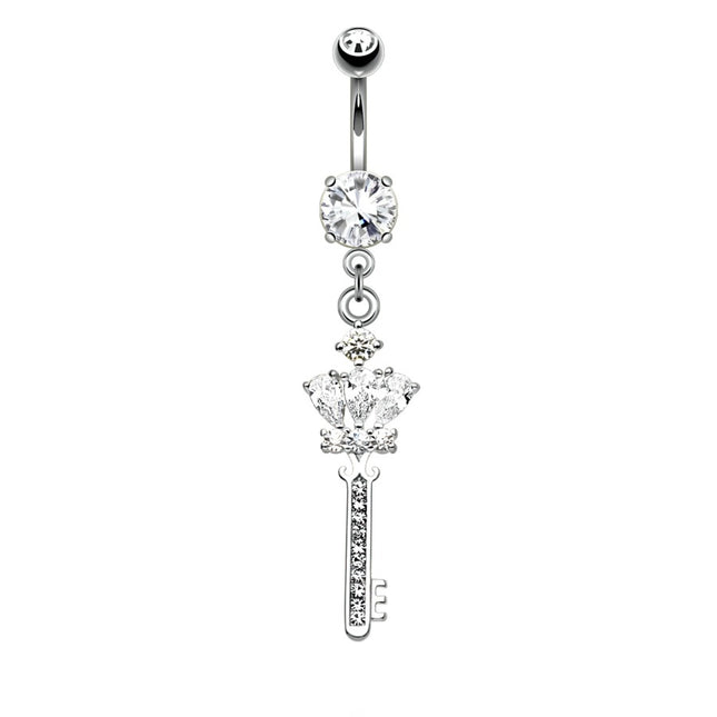 Ornate Key Micro Jewelled Dangle Plated Fashion Navel in Silver or Gold
