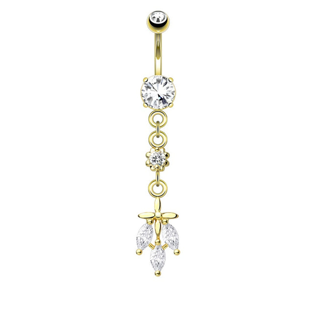 Leaf Triple Jewelled Dangle Gold Plated Fashion Navel