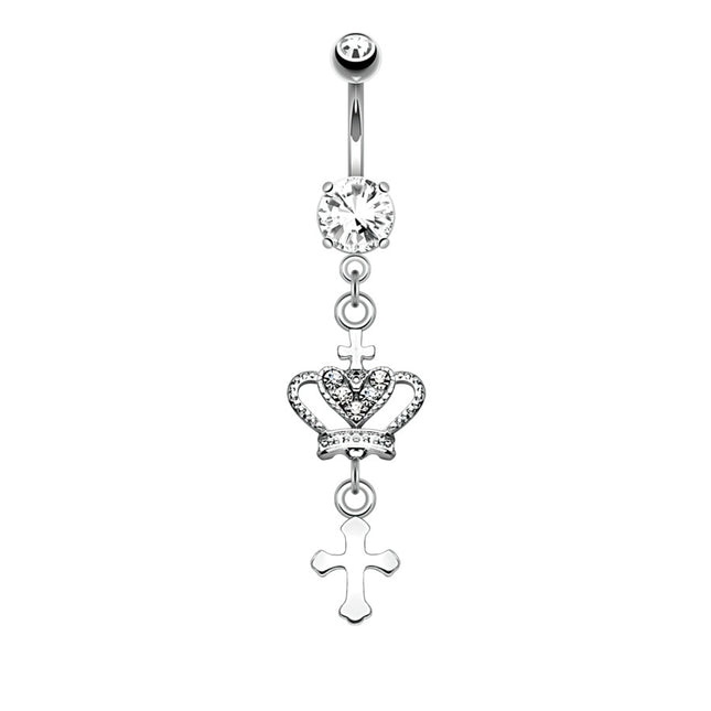 Crown and Cross Jewelled Dangle Plated Fashion Navel in Silver or Gold