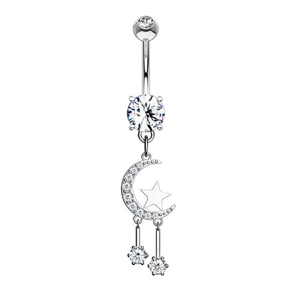 Crescent Moon and Star with Round CZ Dangle Plated Fashion Navel in Silver or Gold