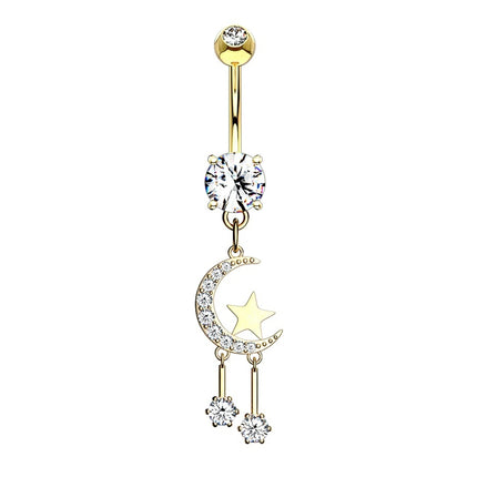 Crescent Moon and Star with Round CZ Dangle Plated Fashion Navel in Silver or Gold