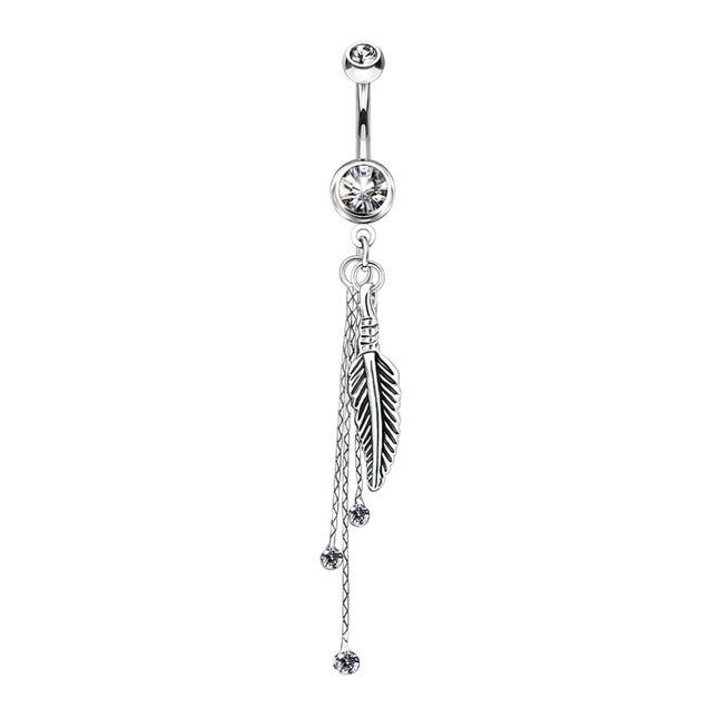 Feather and Jewelled Chain Dangle Plated Fashion Navel