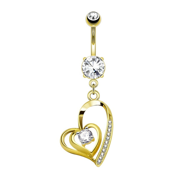 Double Heart Micro Jewelled Dangle Gold Plated Fashion Navel