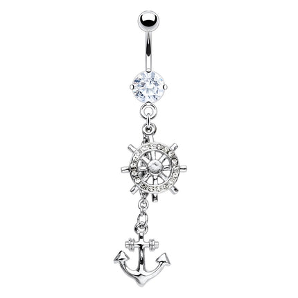Hanging Anchor and Ship Wheel Jewelled Daniel Plated Fashion Navel