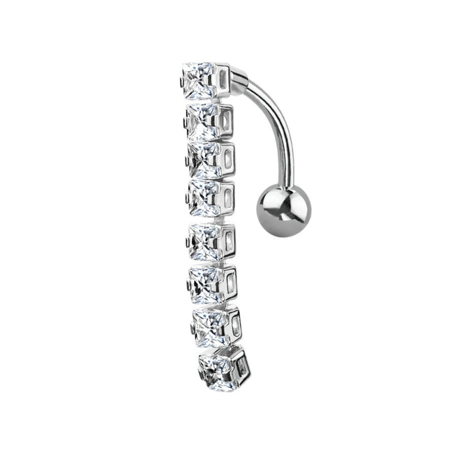 Square Vertical Drop Jewelled Dangle Plated Fashion Navel in Silver, Gold and Rose Gold