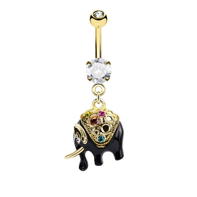 Black Elephant Jewelled Enamel Dangle Gold Plated Fashion Navel