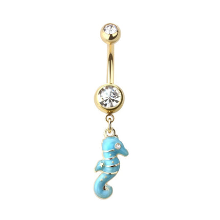 Sea Horse Blue Enamel Dangle Gold Plated Fashion Navel