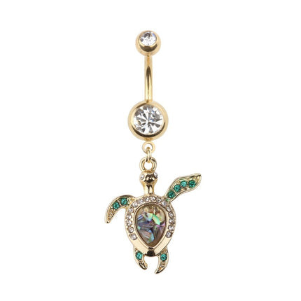Sea Turtle Mother of Pearl Jewelled Dangle Gold Plated Fashion Navel