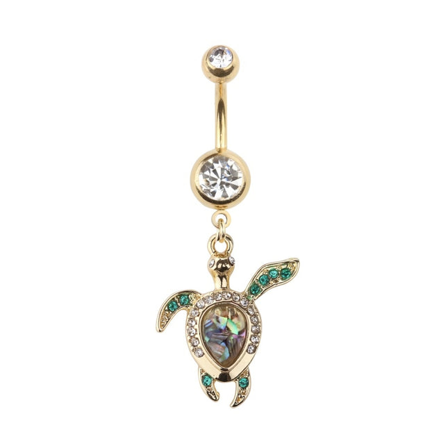 Sea Turtle Mother of Pearl Jewelled Dangle Gold Plated Fashion Navel