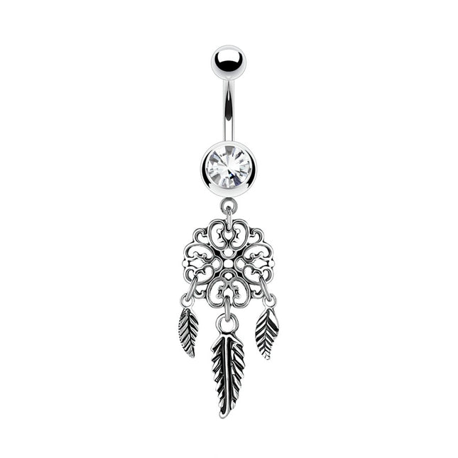 Dream Catcher Filigree Heart and Feathers Dangle Plated Fashion Navel