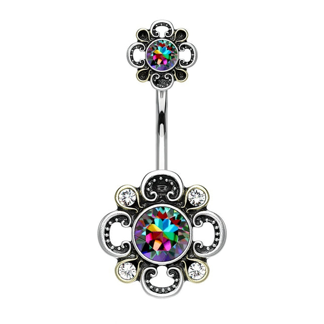Filigree Flower Vintage Silver Burnished Jewelled Plated Fashion Navel