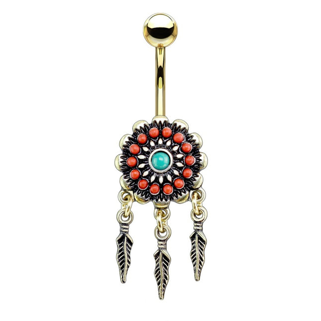 Enamel Bead Tribal Flower Dangle Gold Plated Fashion Navel