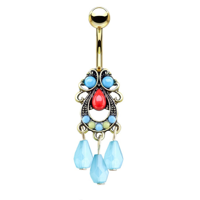 Enamel Bead Tribal Filigree Dangle Gold Plated Fashion Navel