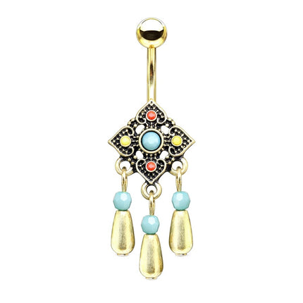 Enamel Bead Tribal Square Flower Dangle Gold Plated Fashion Navel
