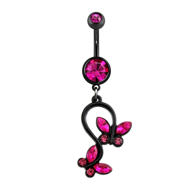 Pink Double Gem Butterfly Dangle Black Plated Fashion Navel