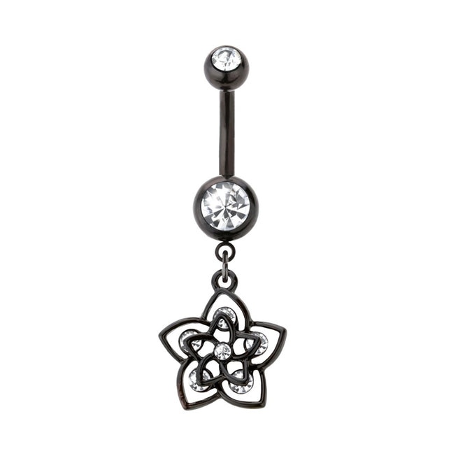 Double Swirl Jewelled Flower Dangle Black Plated Fashion Navel