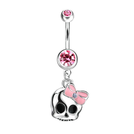 Cute Skull with Pink Enamel Bow Dangle Plated Fashion Navel