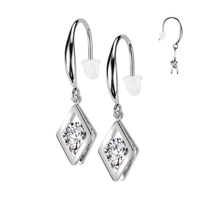 Pair Hollow Diamond Dangle With Round Clear Gem Hook Earrings