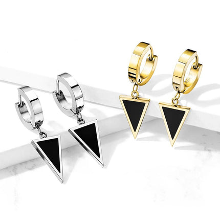 Pair Stainless Steel Hinged Hoop Earrings With Black Enamel Filled Triangle Dangle