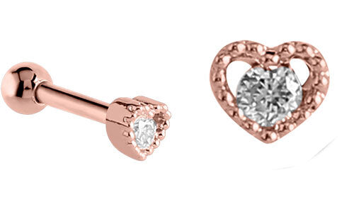 Surgical Steel Jewelled Heart Tragus Micro Barbell in Silver & Rose Gold