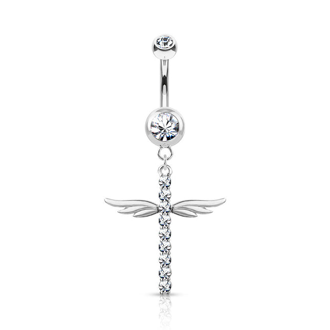 CZ Paved Cross with Wings Dangle Double Jewelled Navel