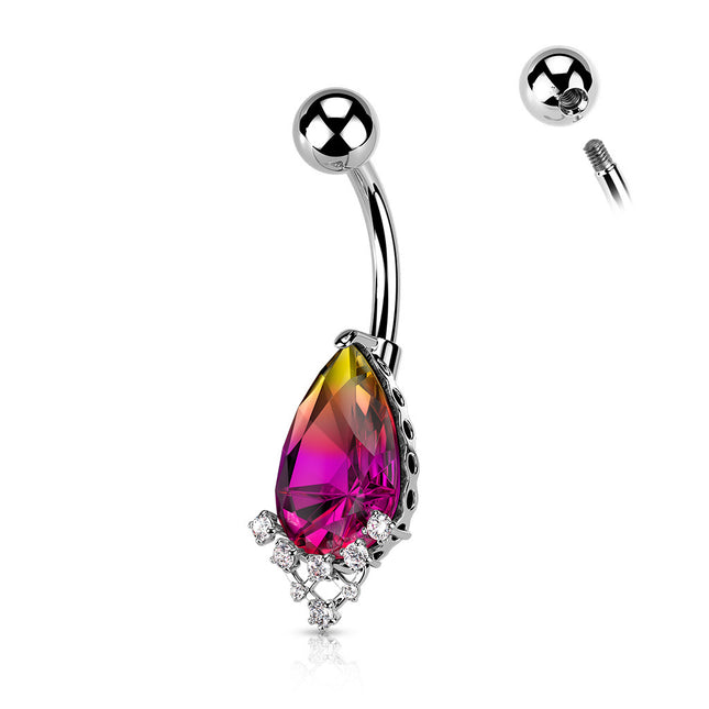 Rainbow Effect Pear Crystal with CZ Prong Set Navel