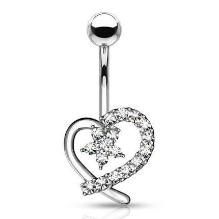 Jewelled Hollow Heart with CZ Flower Center Navel