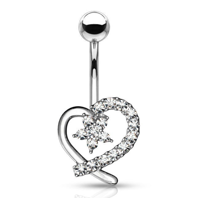 Jewelled Hollow Heart with CZ Flower Center Navel