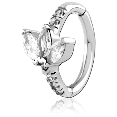 Surgical Steel Oval Navel Clicker with 3 Gem Lotus Flower. 1.6mm (14ga) thick,15 X 8mm internal diameter