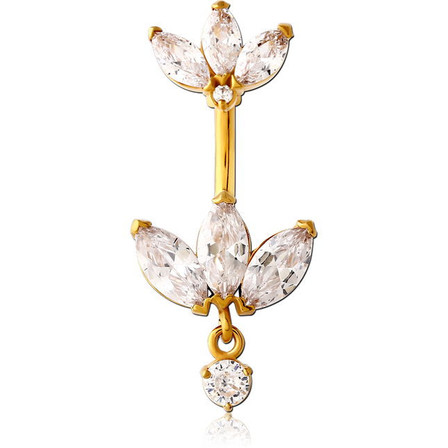 Gold PVD coated surgical steel internally threaded double jewelled navel banana