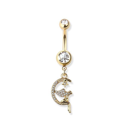 Gem paved angle on crescent moon dangle 316l surgical steel navel ring