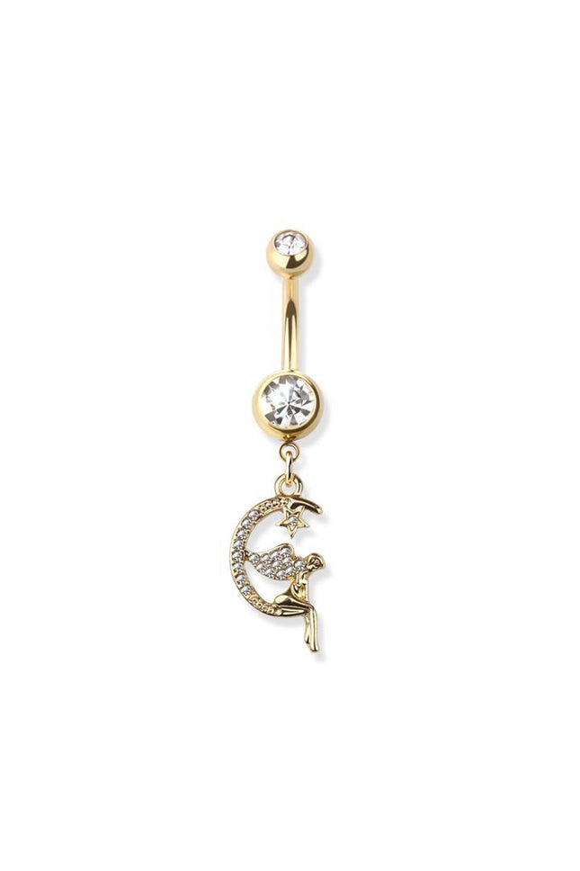 Gem paved angle on crescent moon dangle 316l surgical steel navel ring