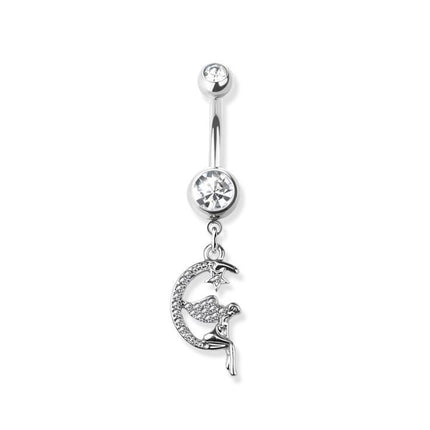 Gem paved angle on crescent moon dangle 316l surgical steel navel ring