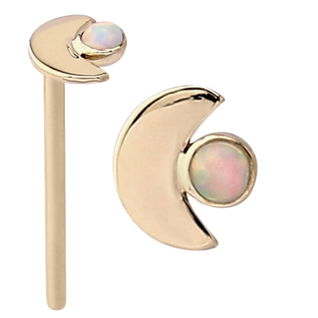 14k Gold Straight Opal Set Moon Nose Stud