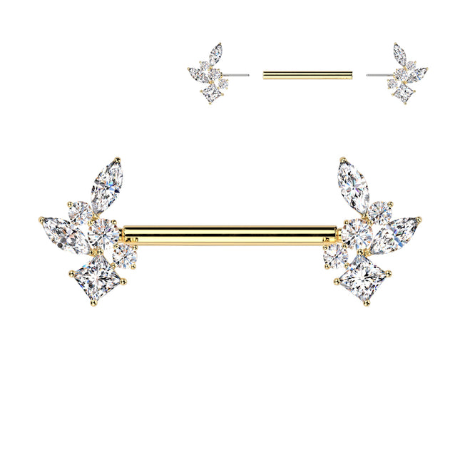 Surgical Steel Threadless Push In Nipple Barbell with Clear Crystal Cluster Ends