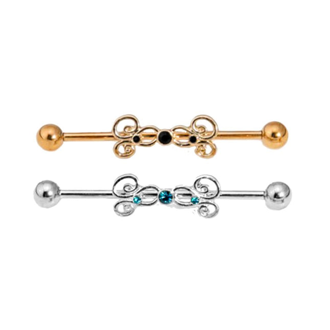 Gold Plated Jewelled Swirl Industrial Barbell