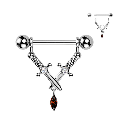Nipple Barbell with Crossed Daggers and Marquise Dangle