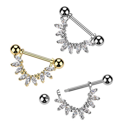Nipple Barbell with Marquise Clear Crystal Fan Dangle