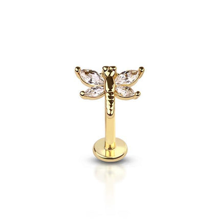 Brass plated CZ or Silver prong dragonfly (alloy) internally threaded 316l surgical steel labret/monroe with prong set CZ