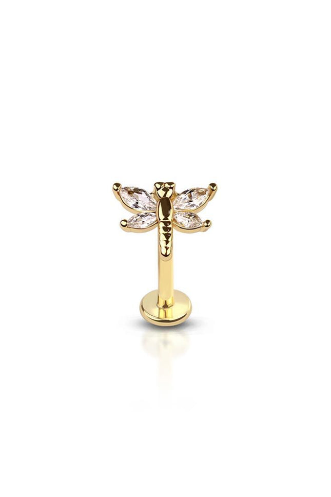 Brass plated CZ or Silver prong dragonfly (alloy) internally threaded 316l surgical steel labret/monroe with prong set CZ