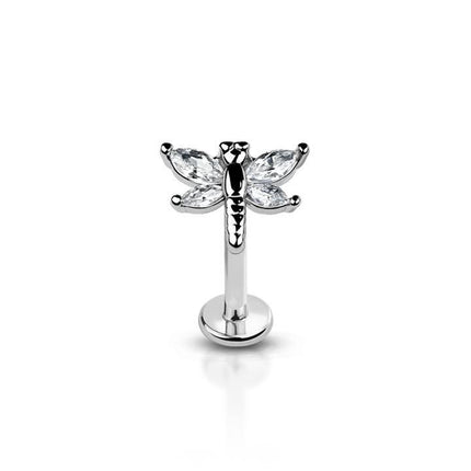 Brass plated CZ or Silver prong dragonfly (alloy) internally threaded 316l surgical steel labret/monroe with prong set CZ
