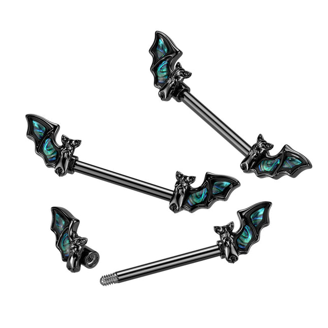 Black 316L Surgical Steel Nipple Barbell With Abalone Bat Wing on Each End